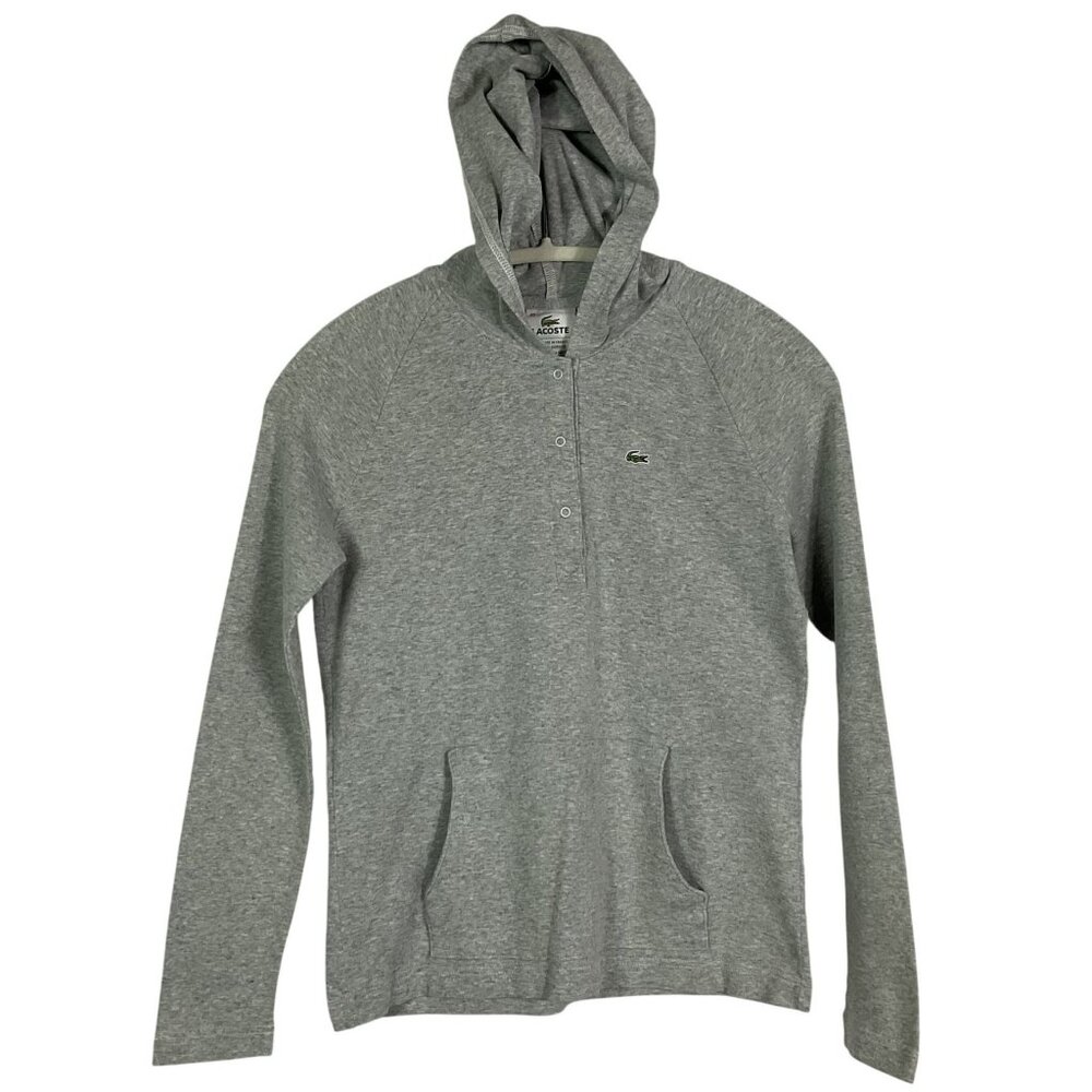Lacoste Devanlay Gray Hooded Henley Pullover Women’s 40 Medium 100% Cotton Kanga